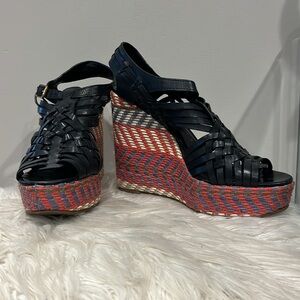 TORY BURCH Raven Woven Leather and Raffia Wedge Sandals Size 8.5